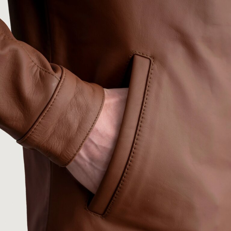 Mens Zen Matte Brown Leather Biker Jacket Close-Up-9-1724074459453